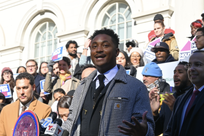 Chi Ossé at the rally at the steps of City Hall before the Nov. 13th vote on the broker fee bill.